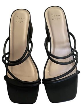 a new day Black Triple-Strap Square-Toe Heels
